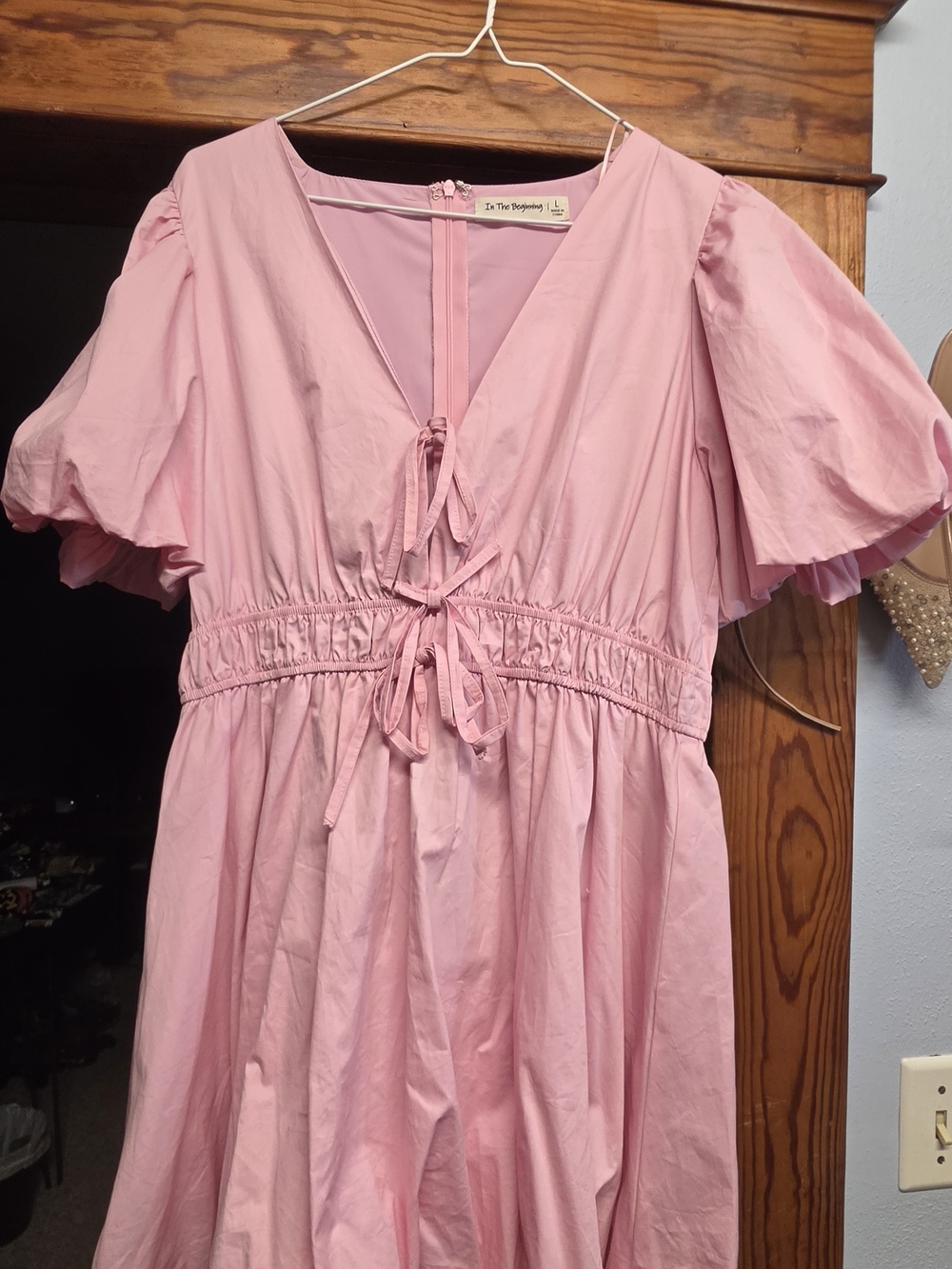 Pink Tie-Front Puff Sleeve Women’s Bubble Dress